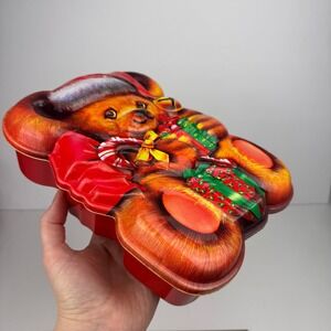 Vtg Teddy Bear Ullman Plastic 3D Collectible Container Christmas Theme w Lid